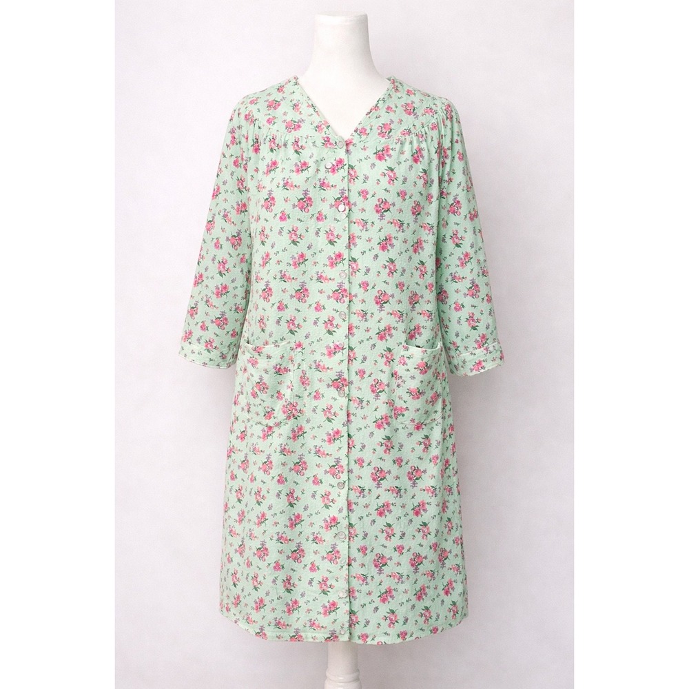 VTG Casual Night Floral HouseCoat Mint Green Pink Flannel Snap Front Robe Pocket